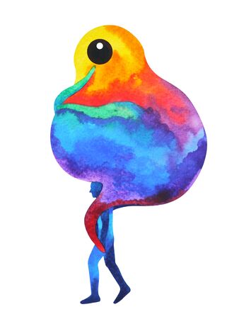 human carrying abstract monster ghost on shoulder watercolor painting illustration hand drawing designの写真素材