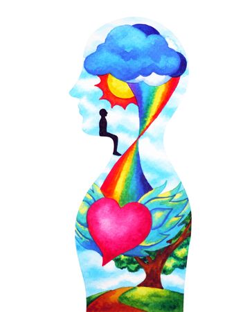 human head, chakra power, inspiration abstract thinking, world, universe inside your mind, watercolor paintingの写真素材