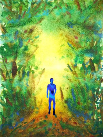 human walking forest way abstract watercolor painting illustration hand drawingの写真素材
