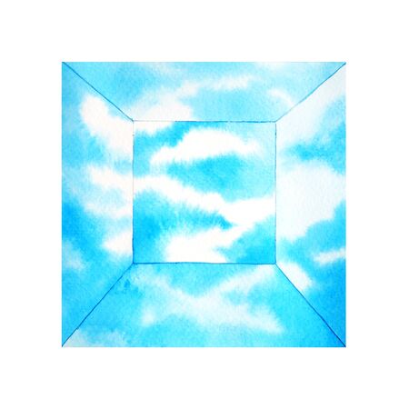 blue sky box room space watercolor painting hand drawing illustration designの写真素材