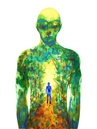 human walking forest way abstract watercolor painting illustration hand drawingの写真素材