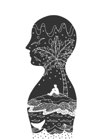 human head spirit power energy connect to the universe vector abstract art illustration design hand drawingのイラスト素材