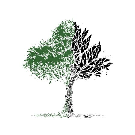 Abstract tree half leave and dry branch, spring autumn hand drawn vector illustration designのイラスト素材