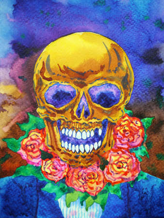 sugar skull day of the dead halloween watercolor painting illustration design hand drawingの写真素材