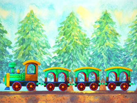 green train retro cartoon watercolor painting travel in christmas pine tree forest illustration design hand drawingの写真素材