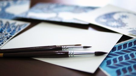 watercolor painting art abstract blue white top view illustration studio workshop artist selected focusの写真素材