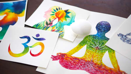 chakra human lotus pose yoga abstract mind mental selenite stone power watercolor painting illustration design hand drawing selected focusの写真素材