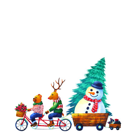 christmas animal happy new year watercolor painting illustrationの写真素材