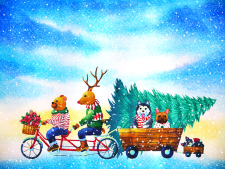 christmas animal happy new year watercolor painting illustrationの写真素材