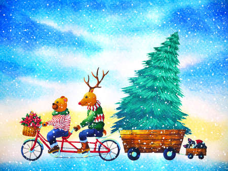christmas animal happy new year watercolor painting illustrationの写真素材
