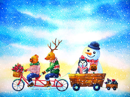 christmas animal happy new year watercolor painting illustrationの写真素材
