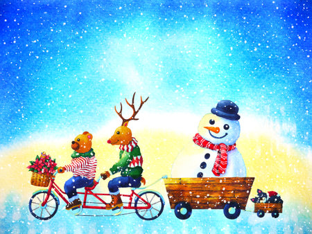 christmas animal happy new year watercolor painting illustrationの写真素材