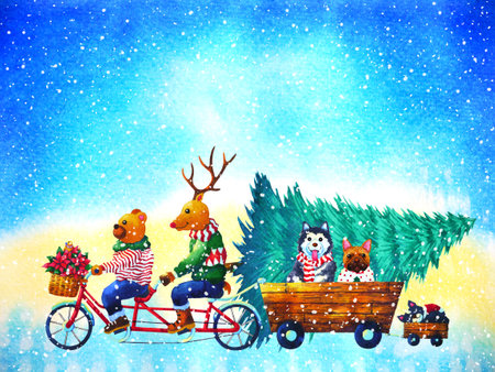 christmas animal happy new year watercolor painting illustrationの写真素材