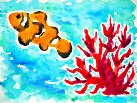orange clownfish swimming in sea ocean watercolor painting illustration design hand drawingの写真素材
