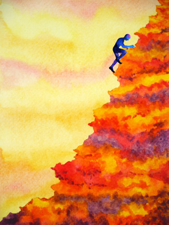 abstract human climbing high mountain to success watercolor painting illustration designの写真素材
