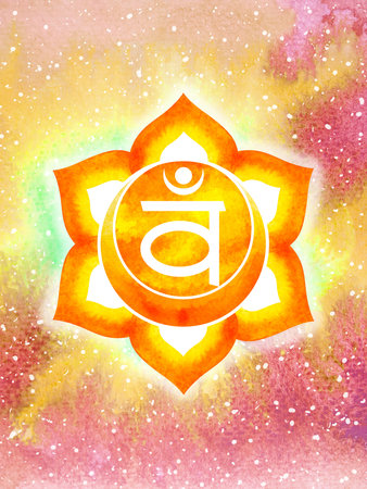 Svadhisthana Sacral Chakra orange color logo symbol icon reiki mind spiritual health healing holistic energy lotus mandala watercolor painting art illustration design universe backgroundの写真素材