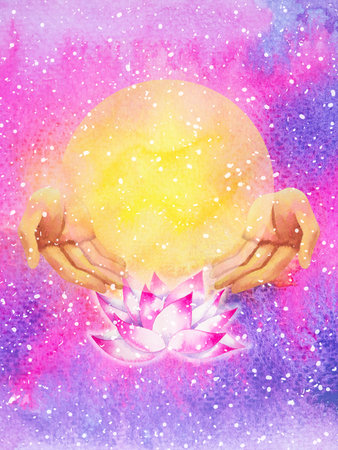 Sahasrara Crown Chakra violet purple or white color logo symbol icon reiki mind spiritual health healing holistic energy lotus mandala watercolor painting art illustration design universe backgroundの写真素材