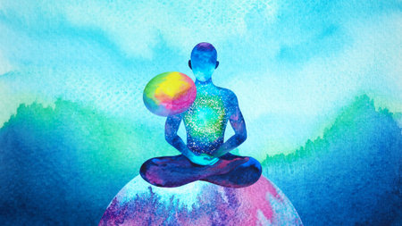 human meditate mind mental health conscious yoga chakra spiritual holistic healing breath peace abstract energy meditation connect the universe energy watercolor painting illustration design artの写真素材
