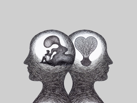 human man body sit mind mental health healing spiritual sad pain depressed loneliness sadness negative energy contrast growing heart love positive emotion art watercolor painting illustration drawingの写真素材