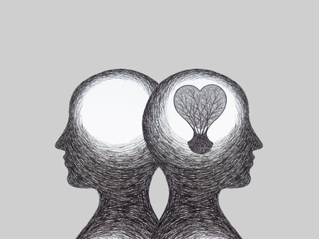 human head chakra body mind mental health healing spiritual connect love heart brain feeling conscious inside black shadow drawing peace energy emotion holistic art watercolor painting illustrationの写真素材