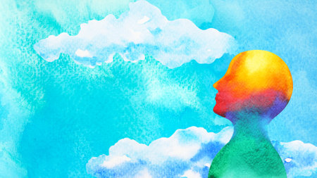 human head in blue sky abstract art mind mental health spiritual healing  free freedom feeling watercolor painting illustration design drawingの写真素材