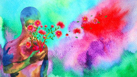 human red heart healing flower flow in universe love spiritual mind mental health chakra power abstract soul art watercolor painting illustration design drawingの写真素材