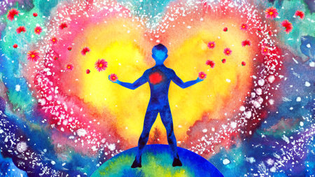 human heart healing flower flow in universe world love spiritual mind mental health chakra power abstract soul art watercolor painting illustration design drawingの写真素材