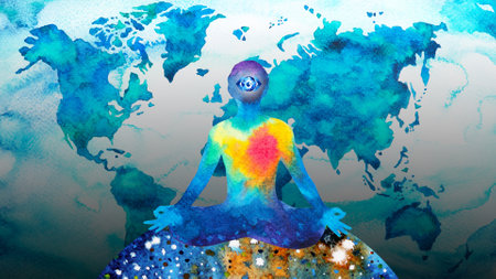 human meditate mind mental health yoga chakra spiritual healing abstract energy meditation connect the universe power watercolor painting illustration design drawing artの写真素材