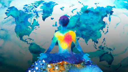 human meditate mind mental health yoga chakra spiritual healing abstract energy meditation connect the universe power watercolor painting illustration design drawing artの写真素材