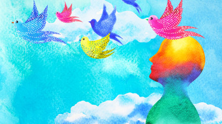 birds flying in blue sky abstract art mind mental health spiritual healing human head free freedom feeling watercolor painting illustration design drawingの写真素材