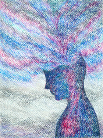 human head spiritual energy bipolar disorder mind mental health feel psychology abstract body soul art pencil color illustration design hand drawing symbolの写真素材
