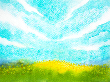 abstract landscape nature green meadow golden yellow flower field land grass blue sky color background mind spiritual holistic healing imagine inspiring watercolor painting art illustration designの写真素材
