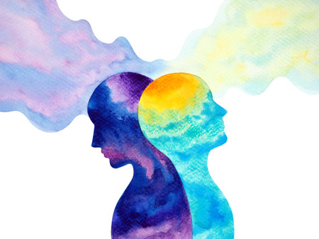 human head spiritual energy bipolar disorder mind mental health feel psychology abstract body soul art color watercolor painting illustration design symbol happy unhappy positive negativeの写真素材