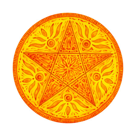 gold golden pentacle symbol occult mystic magic pentagram esoteric star sign art design illustration watercolor painting drawing white isolatedの写真素材