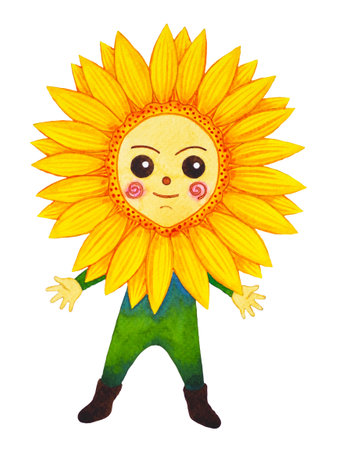 happy child yellow sunflower head flower human body mind mental health spiritual imagine power inspiring energy emotion holistic abstract art watercolor painting illustration design white isolatedの写真素材