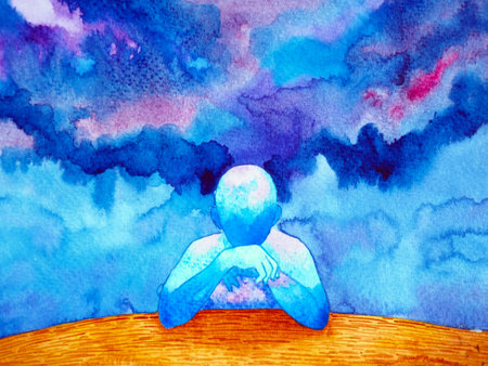 human head thoughtful mind mental health imagine emotion energy spiritual thinking overthinking brain power art illustration design watercolor paintingの写真素材