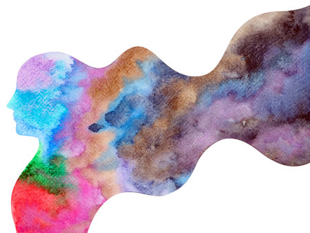human body head thoughtful mind mental health imagine emotion energy spiritual thinking overthinking brain power art illustration design watercolor paintingの写真素材
