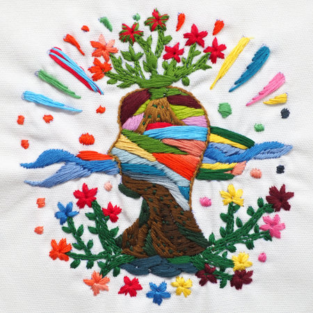 human head meditate mind mental health yoga spiritual healing abstract energy meditation connect the universe illustration design embroidery art craft handmade leisure hobby floral flower patternの写真素材