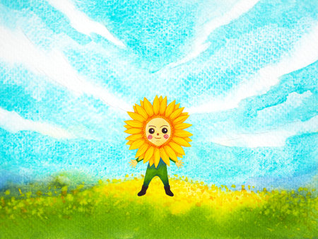 happy child yellow sunflower head flower human body mind mental health spiritual imagine power inspiring energy emotion holistic art watercolor painting illustration design landscape backgroundの写真素材