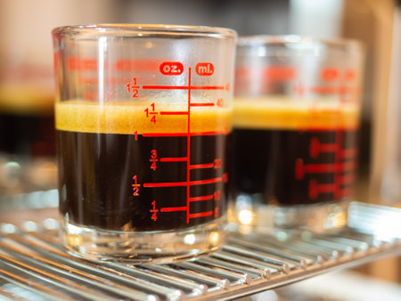 perfect double shot espresso hot black coffee crema aroma morning glass cup drink espresso machine coffee maker fresh cafe caffeine brown beverage barista bar breakfast background selected focusの写真素材