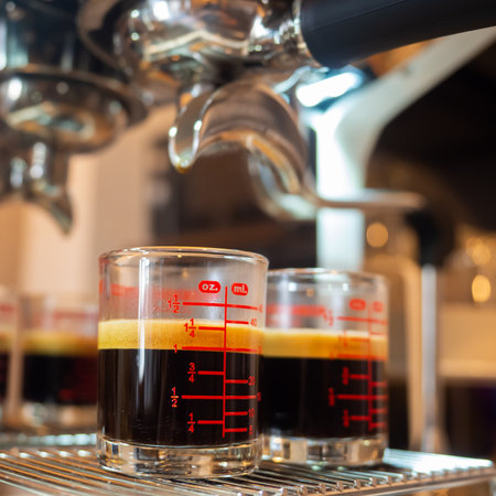 perfect double shot espresso hot black coffee crema aroma morning glass cup drink espresso machine coffee maker fresh cafe caffeine brown beverage barista bar breakfast background selected focusの写真素材