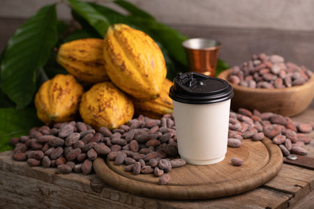 Takeaway White paper hot cocoa cup on Ripe cocoa pod and nibs, cocoa beans set up backgroundの写真素材