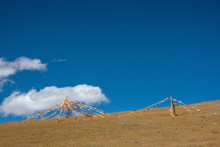 Buddhist Tibetan prayer flag colorful flag. Different in five color different meaning.の写真素材