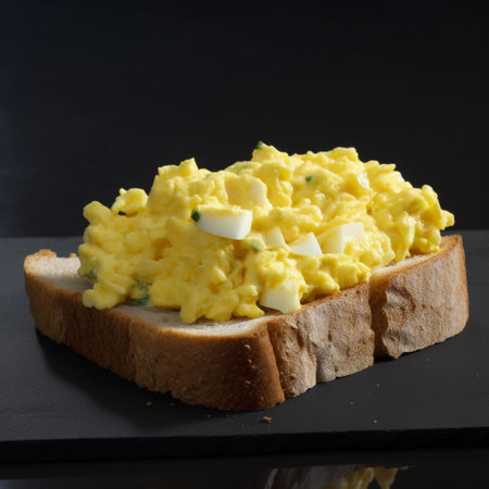 scrambled eggs on a slice of bread on a black backgroundの素材