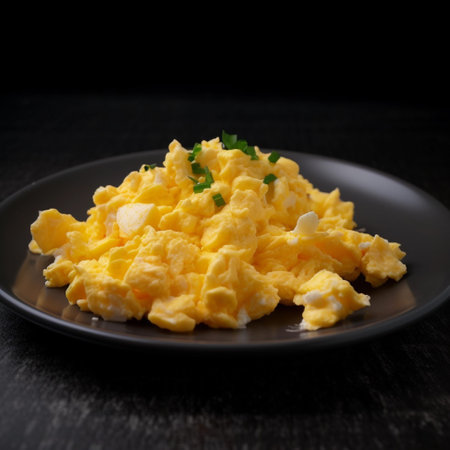 Scrambled eggs on black plate over dark wooden background, selective focusの素材