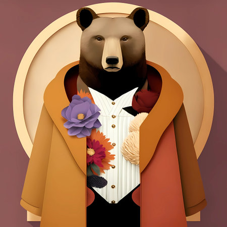 Illustration of a grizzly bear in a coat with a bouquet of flowersの素材