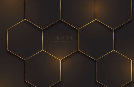Realistic 3d futuristic frame background gold geometric lines element. Vector golden geometry shape on black surface. Luxurious Elegant templateのイラスト素材