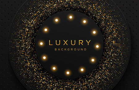 Luxury elegant background with shiny gold dotted pattern and light bulb isolated on black. Abstract realistic papercut background. Elegant templateのイラスト素材