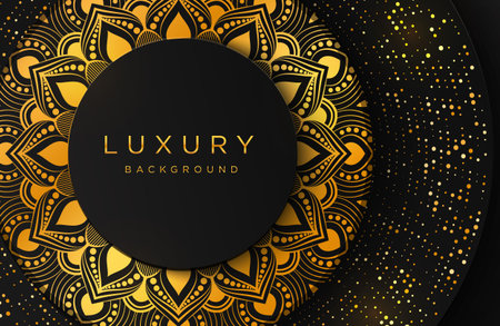 Luxury elegant background with shiny gold dotted pattern and mandala ornament isolated on black. Abstract realistic neomorphism background. Elegant templateのイラスト素材