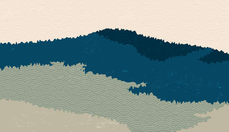 Landscape background with mountain scenery decorated with japanese wave pattern. Vector illustration of travel and adventure theme with abstract nature landscapeのイラスト素材